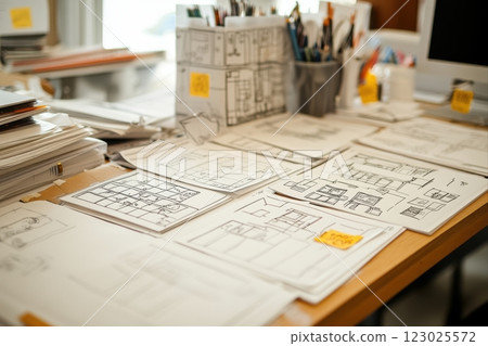 Architectural blueprints and sketches on desk office studio detailed planning creative environment overhead perspective Architectural blueprints and sketches on desk office studio detailed planning creative environment overhead perspective 123025572