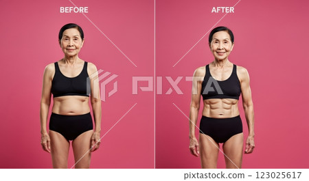 Transformation journey of mature asian female - before and after fitness progress on pink background 123025617