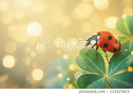 Ladybug observing nature's beauty on clover leaf garden macro photography bright atmosphere 123025623