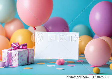Celebration event with colorful balloons and gift box fun atmosphere close-up view festive vibe 123025633