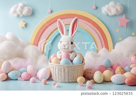 Easter bunny celebration festive scene decorative eggs whimsical environment cheerful viewpoint 123025635