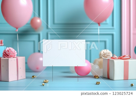 Festive birthday celebration scene with balloons gifts and blank card in a colorful room 123025724