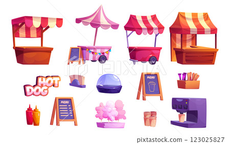 Street food market stalls and equipment set 123025827