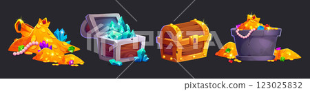 Game loot assets collection of treasure in piles. 123025832