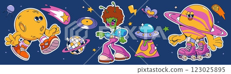 Groovy space stickers set on blue sky background Groovy space stickers set on blue sky background 123025895