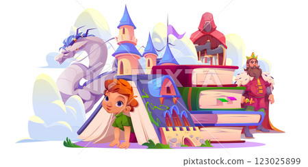 Kid read open tale book with magic story cartoon Kid read open tale book with magic story cartoon 123025899