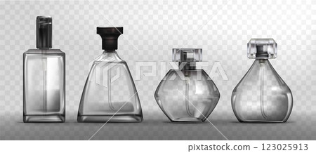 Glass bottle with sprayer and lid for fragrance. 123025913