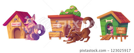 Cartoon pets awaiting adopt near wooden shelters. 123025917