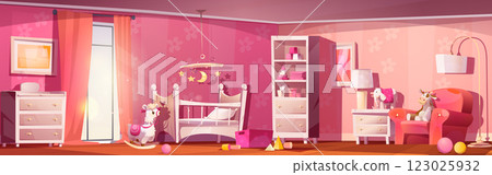 Cute baby nursery room interior with crib cartoon 123025932
