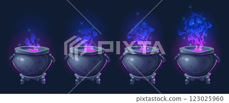 Mystical cauldrons with blue purple glowing smoke 123025960