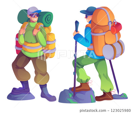 Hiker tourist man with backpack travel in mountain Hiker tourist man with backpack travel in mountain 123025980