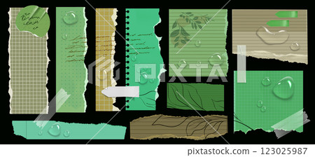 Green torn note paper sheet. Memo label with tape Green torn note paper sheet. Memo label with tape 123025987
