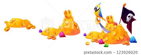 Pirate treasure gold coin mounds with gems, crown 123026020