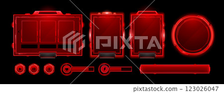 Red hud ui game frame. Futuristic tech interface Red hud ui game frame. Futuristic tech interface 123026047