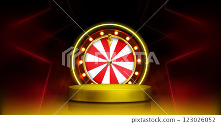 3d casino neon podium with poker game roulette 123026052