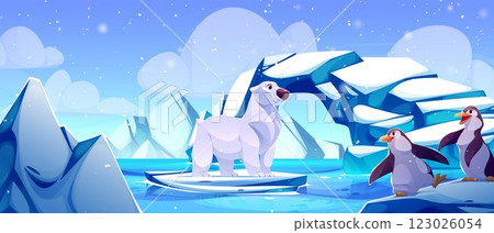 Cartoon polar bear and penguins on snowy arctic 123026054