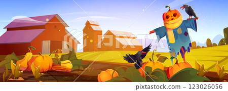 Cartoon autumn scene with pumpkin and scarecrow. 123026056