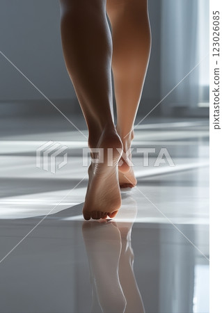 Graceful barefoot movement modern interior close-up photography serene environment perspective of solitude 123026085