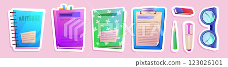 Back to school sticker. Stationery and book supply Back to school sticker. Stationery and book supply 123026101