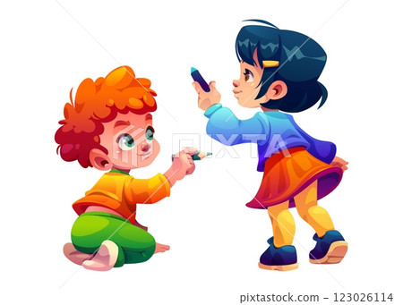 Cute kids drawing with crayon and pencil 123026114