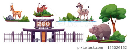 Zoo safari park elements - entrance and animals Zoo safari park elements - entrance and animals 123026162