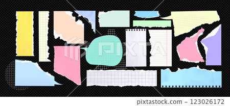 Torn paper pieces set isolated on black background Torn paper pieces set isolated on black background 123026172