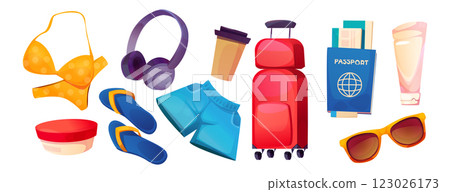 Summer voyage set. Travel suitcase for vacation 123026173