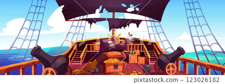 Pirate ship sailing in sea with treasure on deck Pirate ship sailing in sea with treasure on deck 123026182