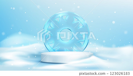 3d winter podium with snow and ice on background 123026183