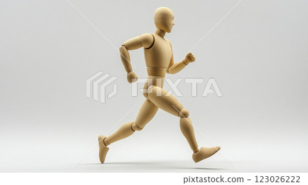 Running wooden figure in motion studio setting 3d art minimalist background dynamic perspective 123026222