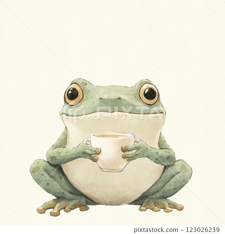 Charming frog holding a cup whimsical art digital illustration playful environment close-up view 123026239