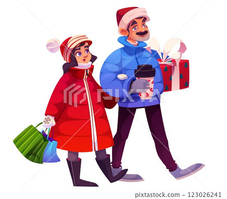 Christmas people walk with gift in winter vector Christmas people walk with gift in winter vector 123026241