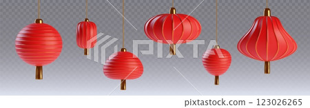 3d red and gold chinese lantern new year vector 123026265