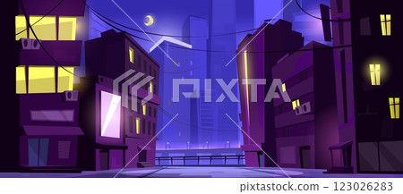 Night downtown street landscape with neon light 123026283