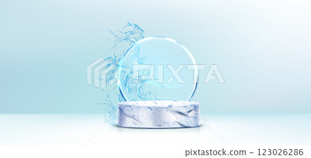 Podium with glass circle and clear water splash 123026286