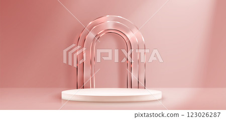 Pink display platform with luxury glass arches 123026287