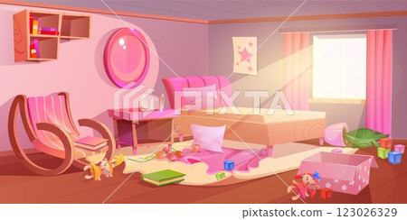 Messy children bedroom interior in pink colors 123026329