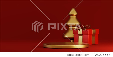 Xmas podium scene with tree and gift boxes Xmas podium scene with tree and gift boxes 123026332