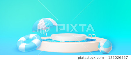 Swimming pool podium isolated on blue 123026337