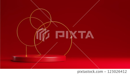 Red cylinder product podium with gold circle 123026412