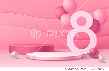 Pink 3d 8 March podium for happy women day vector 123026422