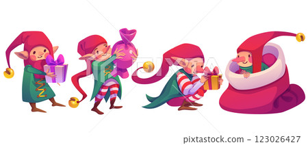 Cute elf characters with presents in festive poses 123026427
