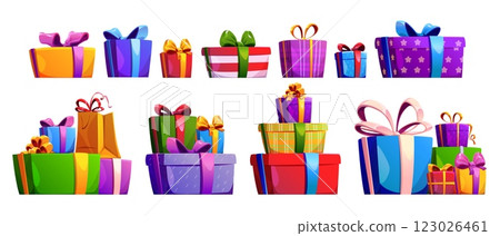 Gift box piles. Colorful wrapped present packages Gift box piles. Colorful wrapped present packages 123026461
