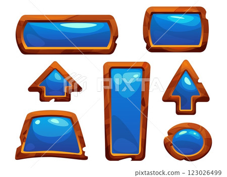 Game wood button, ui frame and arrow cartoon sign Game wood button, ui frame and arrow cartoon sign 123026499