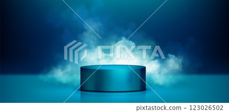 3d turquoise podium with neon light and cloud 123026502