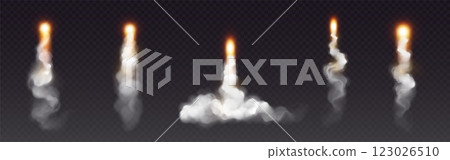 Rocket launch smoke effects with flame trails 123026510