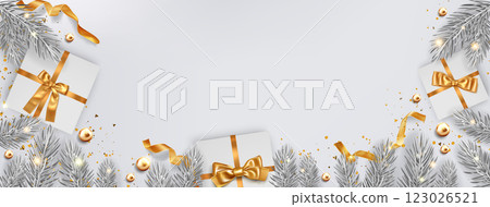 Christmas banner with gift boxes, holiday wreath 123026521