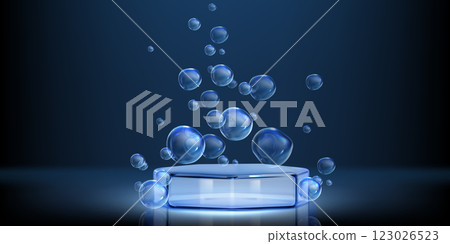 Glass podium surrounded by floating bubbles Glass podium surrounded by floating bubbles 123026523