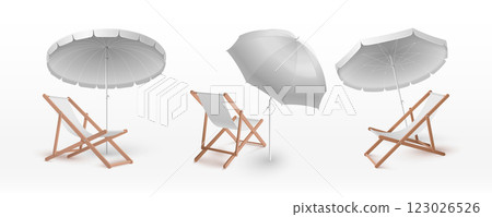 Beach umbrella and chair mockups set 123026526
