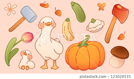 Autumn farm harvest and ducks set Autumn farm harvest and ducks set 123026535